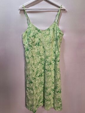 90s ICANTOO Cotton Summer Sundress Sz M Green Babydoll Dress Seashell Pattern